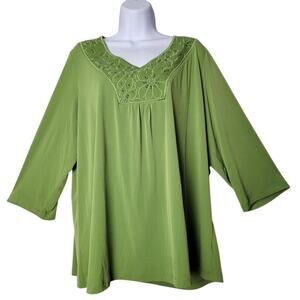 Susan Graver‎ Green Embroidered Floral Top 1X Boho Cottagecore Feminine Chic